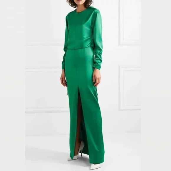 NWT Green Satin Long Sleeve Open Back Gown - Picture 3 of 8